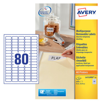 Avery Multipurpose Mini Removable Label 35.6X16.9Mm 80 Per A4 Sheet White Pack 2 L4732REV-25