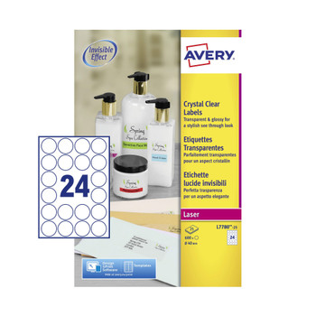 Avery Laser Label 40Mm Diameter 24 Per A4 Sheet Crystal Clear Pack 600 Labels L7 L7780-25