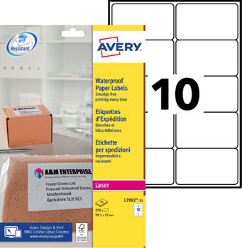 Avery Laser Weatherproof Parcel Label 99X57mm 10 Per A4 Sheet WhitePack 250 Labe L7992-25