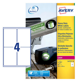Avery Laser Heavy Duty Label 99X139mm 4 Per A4 Sheet White Pack 80 Labels L4774- L4774-20