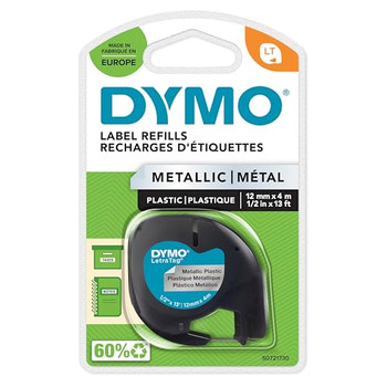 Dymo 91208 12mm x 4m Black On Metallic Silver Tape 91208 Dymo 91208 12mm x 4m Black On Metallic Silver Tape 91208