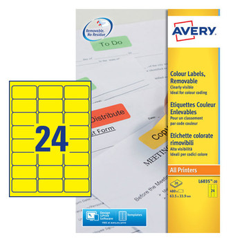 Avery L6035-20 Yellow Removable Labels 20 sheets - 24 Labels per sheet AVERYL6035