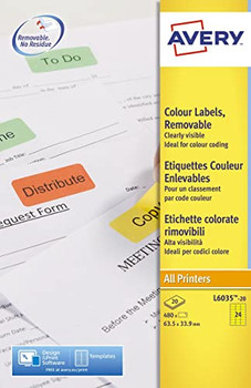 Avery L6035-20 Yellow Removable Labels 20 sheets - 24 Labels per sheet AVERYL6035