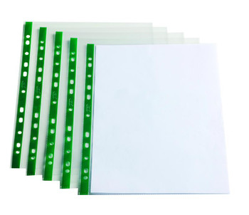 Valuex Punched Pocket A4 Glass Clear 60 Micron Green Reinforcing Strip Pack 100 400050896
