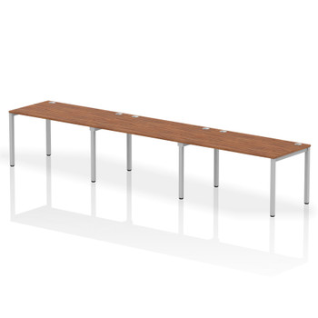 Impulse Single Row 3 Person Bench Desk W1400 X D800 X H730mm Walnut Finish Silve IB00332 Impulse Single Row 3 Person Bench Desk W1400 X D800 X H730mm Walnut Finish Silve IB00332