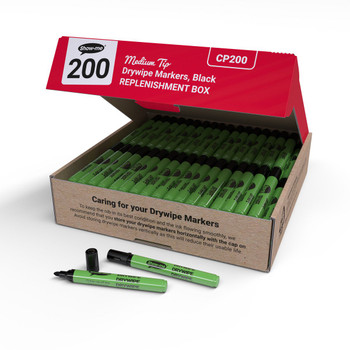 Show-Me Drywipe Marker Medium Tip Slim Barrel Black Pack 200 - CP200 CP200 Show-Me Drywipe Marker Medium Tip Slim Barrel Black Pack 200 - CP200 CP200