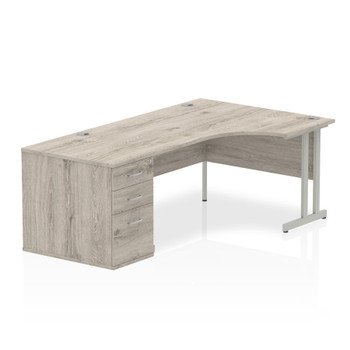 Dynamic Impulse 1600Mm Right Crescent Desk Grey Oak Top Silver Cantilever Leg Wo I003184