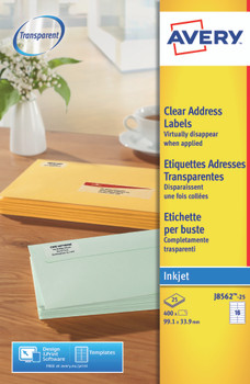 Avery Inkjet Address Label 99X34mm 16 Per A4 Sheet Clear Pack 400 Labels J8562-2 J8562-25