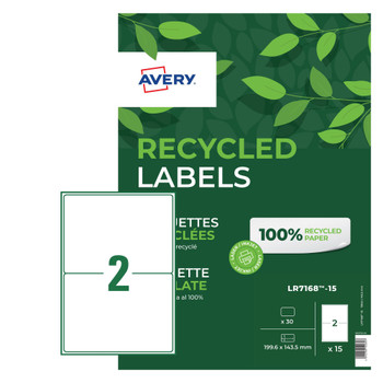 Avery Laser Recycled Address Label 199.6X143.5Mm 2 Per A4 Sheet White Pack 30 La LR7168-15