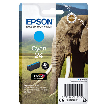Epson Elephant Singlepack Cyan 24 Claria Photo HD Ink Standard Yield Dye-based i C13T24224012
