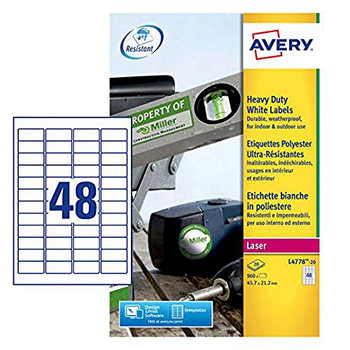 Avery L4778-20 Resistant Labels 20 sheets - 48 Labels per Sheet AVERYL4778
