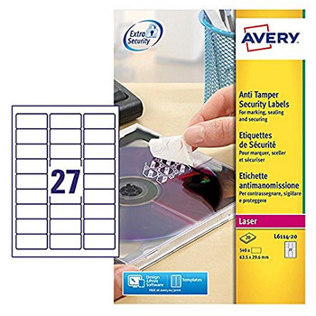 Avery L6114-20 Anti-Tamper Labels 20 sheets - 27 Labels per Sheet AVERYL6114