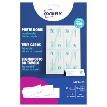 Avery L4794-10 120 x 45mm Tent Cards 10 Sheets - 4 Cards per Sheet AVERYL479410