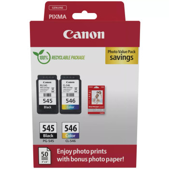Canon Pg-545/Cl-546 Black & Colour Standard Ink Cartridge 8Ml + Photo Paper 101. 8287B008 Canon Pg-545/Cl-546 Black & Colour Standard Ink Cartridge 8Ml + Photo Paper 101. 8287B008