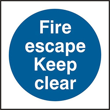 Fire Escape Keep Clear Sign White/Blue Size 100X100MM BSS11348N
