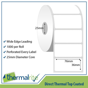 Thermalrite Direct Thermal Labels 76X36mm 25Mm Core Pack 30 Rolls Of 1000 Labels RL76.36DT-25