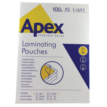 Fellowes Apex A3 Light Laminating Pouches Clear Pack of 100 6001901 BB58484