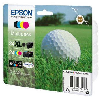 Epson 34Xl Golf Ball Black Cyan Magenta Yellow High Yield Ink Cartridge Multipac C13T34794010