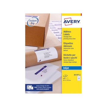 Avery Inkjet Address Label 63.5X34mm 24 Per A4 Sheet White Pack 600 Labels J8159 J8159-25