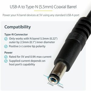 Startech 1M Usb To Type N Barrel 5V Dc Power Cable Usb A To 5.5Mm Dc 1 Meter Usb USB2TYPEN1M
