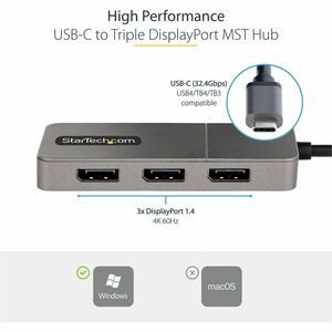 Startech 3-Port Usb-C Multi-Monitor Adapter Type-C To 3X Displayport Mst Hub Tri MST14CD123DP