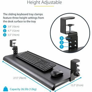 Startech Under Desk Keyboard Tray Clamp On Keyboard Holder Up To 12Kg/26.5Lb Hei KEYBOARD-TRAY-CLAMP1