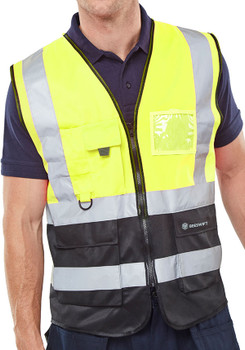 Beeswift Hi-Vis Two Tone Executive Id Vest Saturnyellow/Black Size M HVWCTTSYBLM