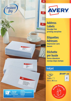 Avery J8160-100 QuickDry Address Labels 100 sheets - 21 Labels per Sheet AVERYJ8160-100