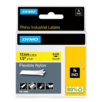 Dymo 18490 12mm x 3.5m Black On Yellow Flexible Nylon Tape 18490