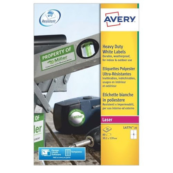 Avery L4774-20 Resistant Labels 20 sheets - 4 Labels per Sheet AVERYL4774