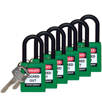 Brady SFTY PADLOCK NYLON 38MM SHA GREEN 6/PAC Safety Padlocks - Nylon SFTY PADLOCK NYLON 38MM SHA GREEN 6/PAC