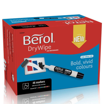 Berol Dry Wipe Whiteboard Marker Pens Assorted colours Bullet Tip Pack of 48 1984867
