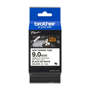 Brother HSE-221E 9mm Black on White Heat Shrink Tube HSE221E