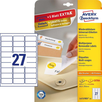 Avery L4737REV-25 LABELS 63.5x29.6MM WHITE L4737REV-25