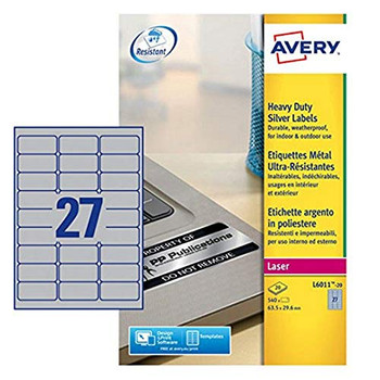Avery L6011-20 Resistant Labels 20 sheets - 27 Labels per Sheet AVERYL6011