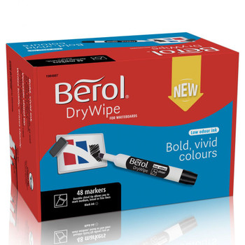 Berol Dry Wipe Whiteboard Marker Pens Black Chisel Tip Pack of 48 1984887