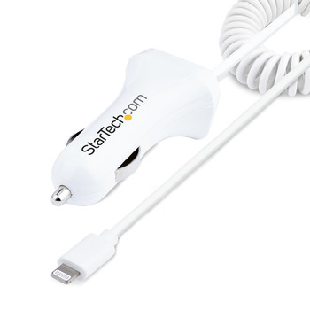 Startech Lightning Car Charger With Coiled Cable 1M Built-In Cable 12W White 2 P USBLT2PCARW2