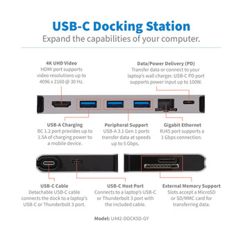 Eaton Tripp Lite U442-DOCK5D-GY Usb-C Dock 4K Hdmi Usb 3.X 5Gbps Usb-A/C Hub Por U442-DOCK5D-GY