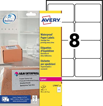 Avery L7993-25 Waterproof Labels 25 sheets - 8 Labels per Sheet AVERYL7993