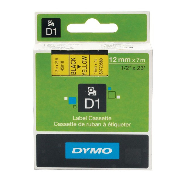Dymo 45018 D1 LabelMaker Tape 12mm x 7m Black on Yellow S0720580 ES45018