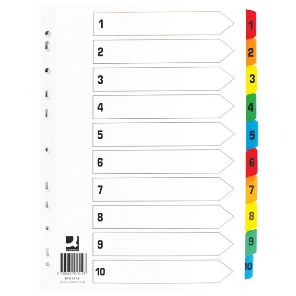 Q-Connect 1-10 Index Multi-punched Reinforced Board Multi-Colour Numbered T KF01519