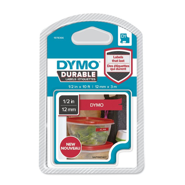 Dymo 1978366 D1 Durable 12mm x 3M Tape White on Red 1978366