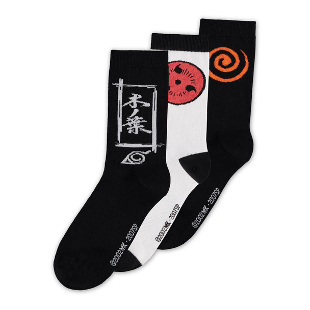 Naruto Shippuden Sase Symbol Crew Socks 3 Pack Male 39/42 Black/White CR206027NRT-39/42