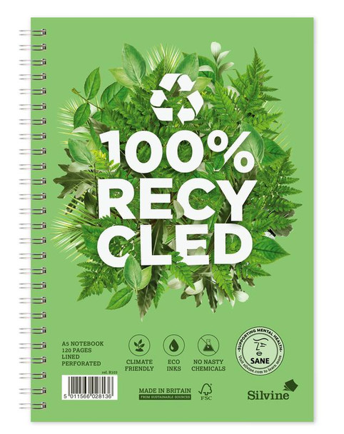 Silvine Premium Recycled A5 Wirebound Card Cover Notebook Ruled 120 Pages Green R103