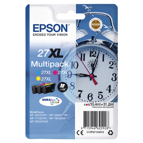 Epson 27Xl Alarm Clock Cyan Magenta Yellow High Yield Ink Cartridge Multipack 3 C13T27154012