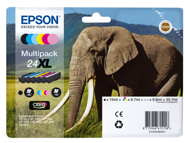Epson 24Xl Elephant Black Cyan Magenta Yellow High Yield Ink Cartridge Multipack C13T24384011