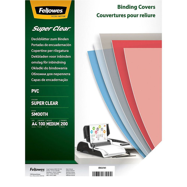 Fellowes Clear Pet Binding Cover 200 Micron A4 Pack 100 5384701 5384701