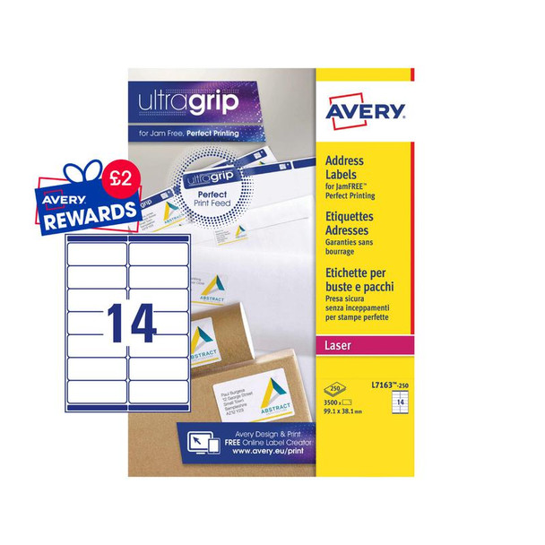 Avery Laser Address Label 99.1X38.1Mm 14 Per A4 Sheet White Pack 3500 Labels L71 L7163-250