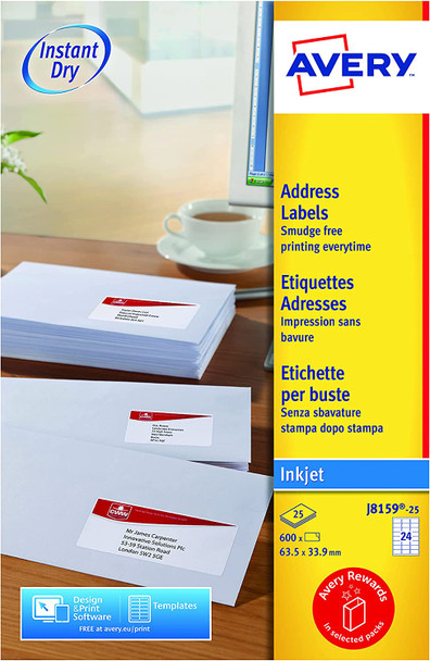 Avery Inkjet Address Label 63.5X34mm 24 Per A4 Sheet White Pack 600 Labels J8159 J8159-25