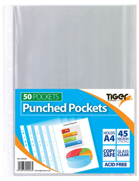 Tiger Multi Punched Pocket Polypropylene A4 45 Micron Top Opening Clear Pack 50 300946